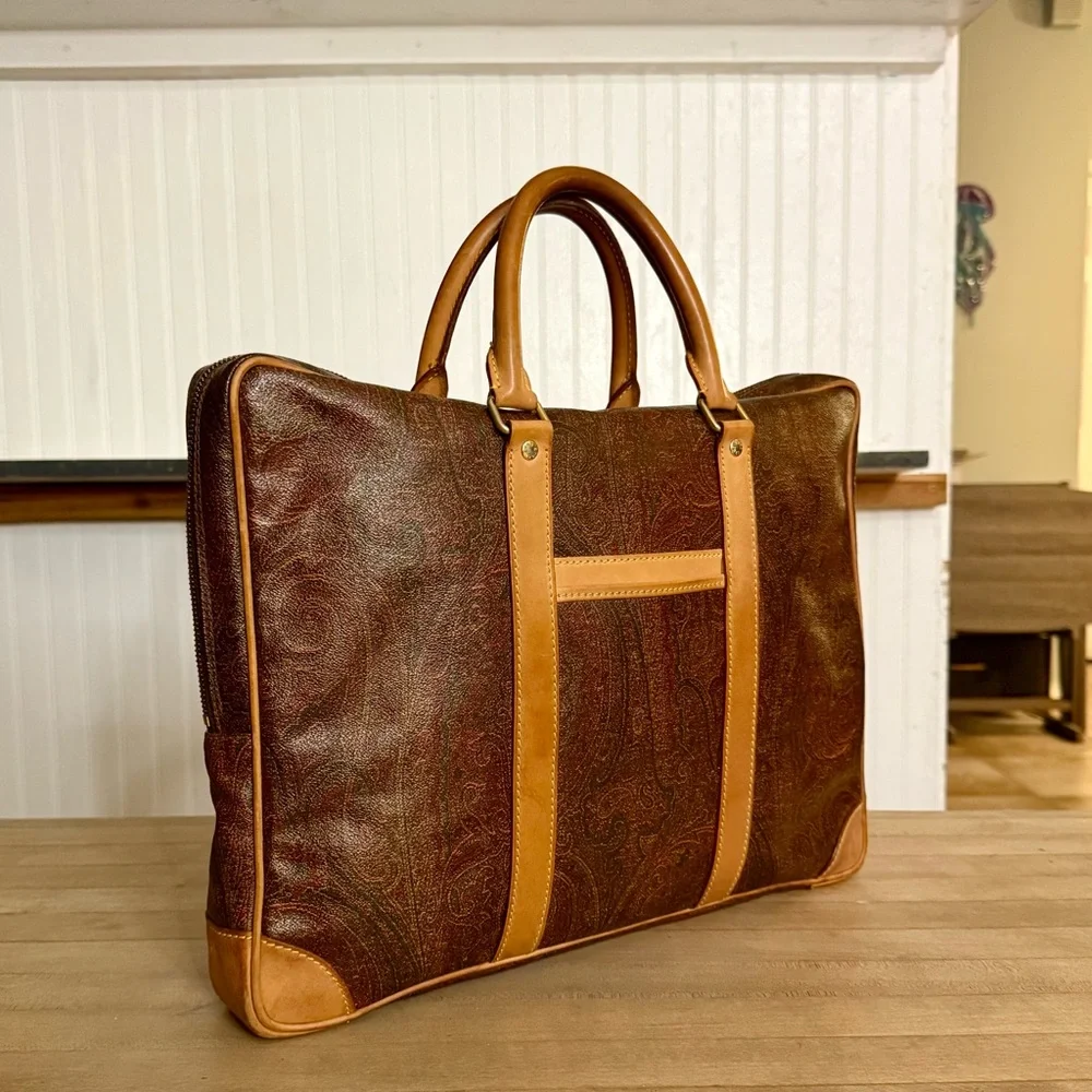 Etro Brown Paisley Briefcase with Tan Trim